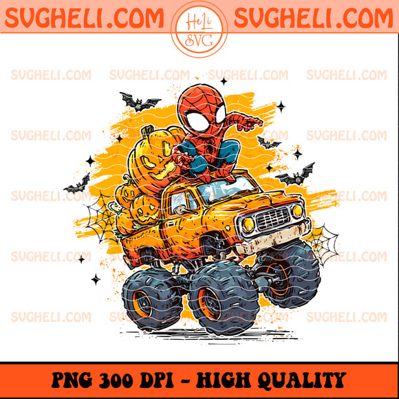 Kids Spider Halloween Monster Truck Png featuring Spider-Man on a monster truck with Halloween theme.