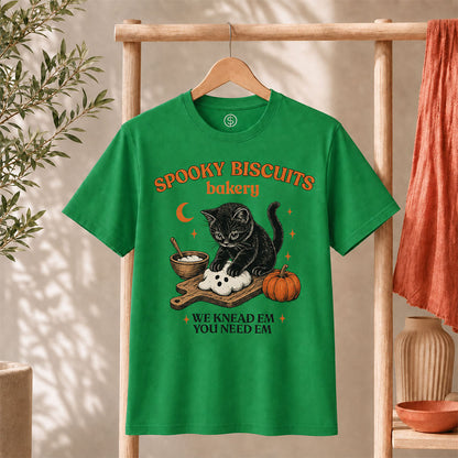Kitty Biscuits Shirt Spooky Season T-shirt black cat design on green shirt with baking theme.
