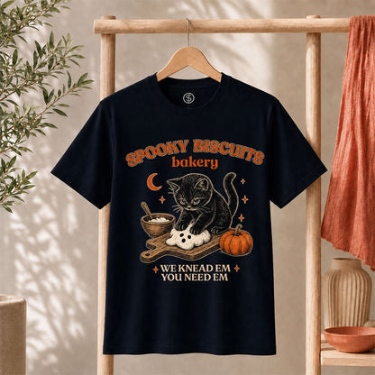 Kitty Biscuits Shirt Spooky Season T-shirt with black cat design, perfect for Halloween celebrations.