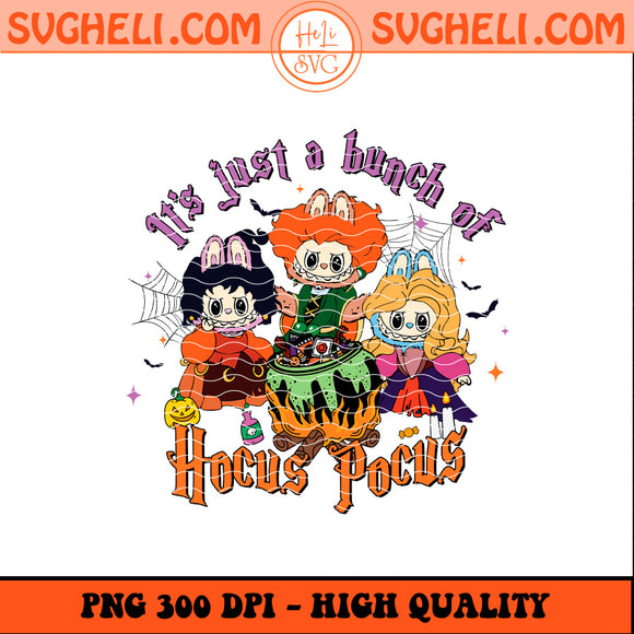 Labubu Hocus Pocus Witch Png featuring three witches with a cauldron and spiderwebs in a colorful design.