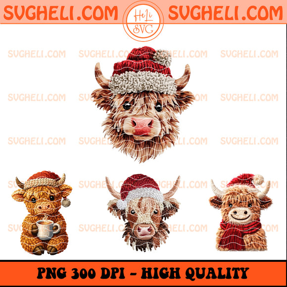 Latch Hook Yarn Crochet Christmas Highland Cow Png Bundle