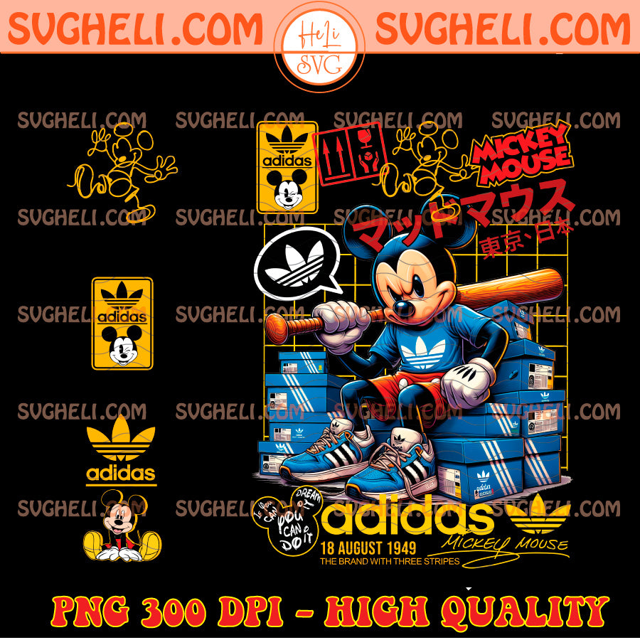 Mickey Mouse Adidas Png featuring Mickey Mouse in Adidas gear, holding a bat, on blue Adidas shoeboxes, high-quality PNG 300 DPI.