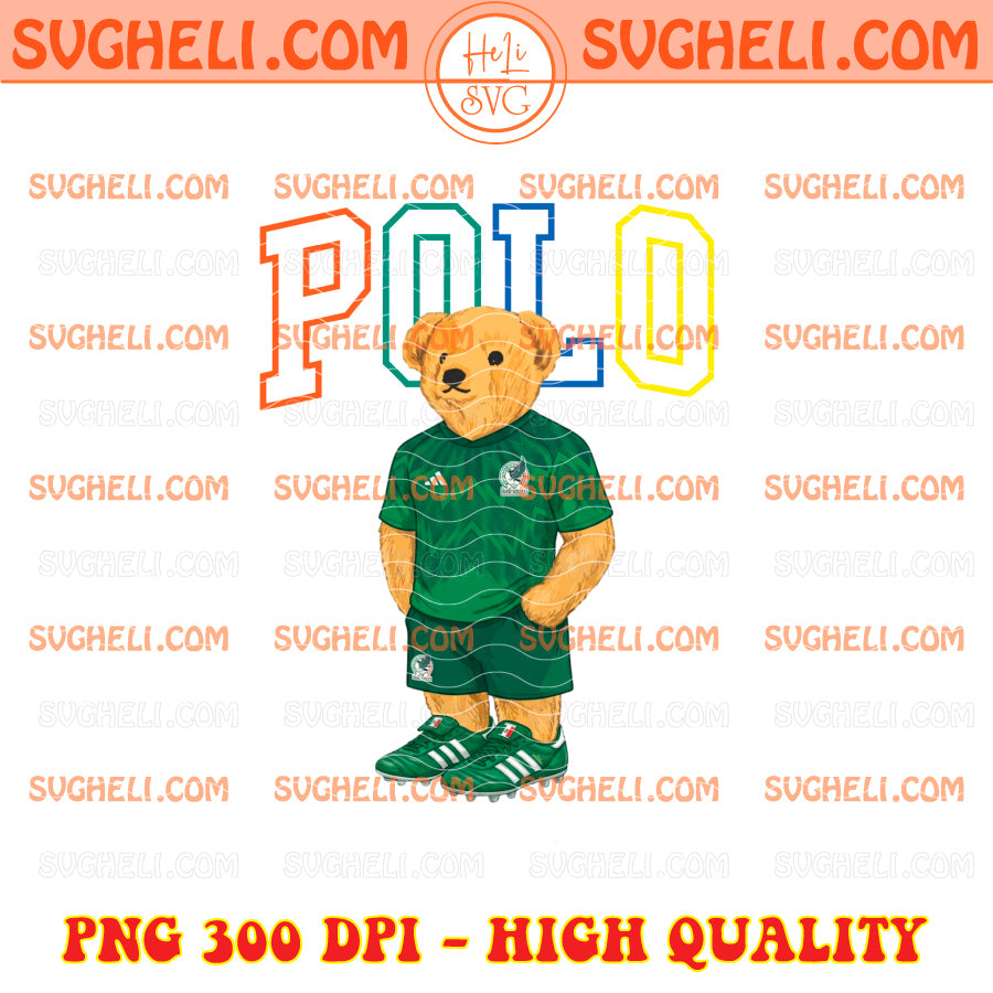 POLO World Cup 2026 Soccer Png Bundle featuring a bear in green jersey with colorful "POLO" text, PNG 300 DPI high quality.