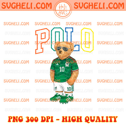 POLO World Cup 2026 Soccer Png Bundle featuring a bear in soccer attire with sunglasses and a colorful 'POLO' text.