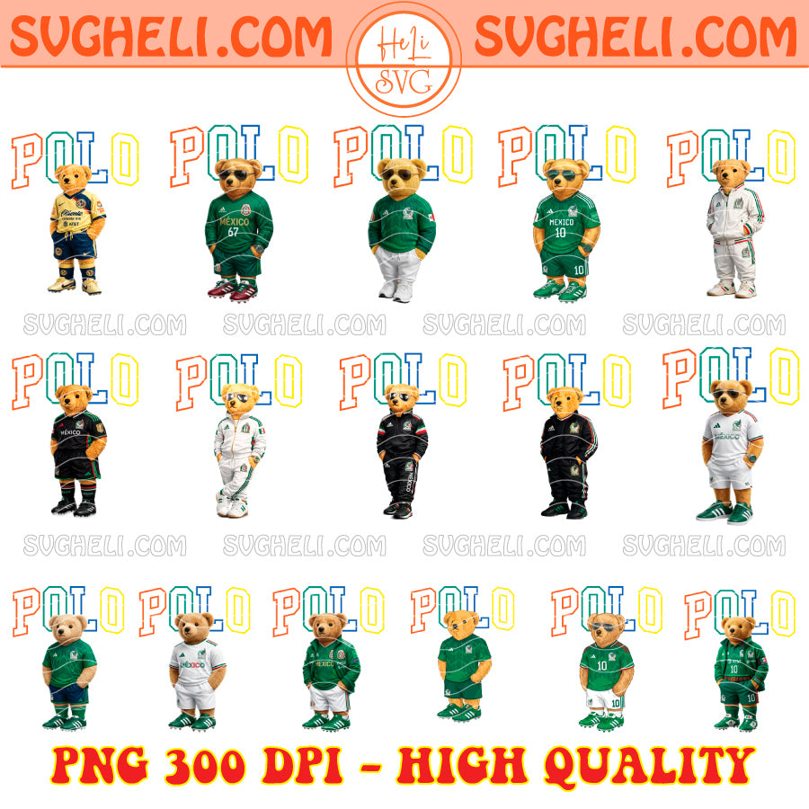 POLO World Cup 2026 Soccer Png Bundle featuring bear mascots in various jerseys, PNG 300 DPI, high quality, transparent background.