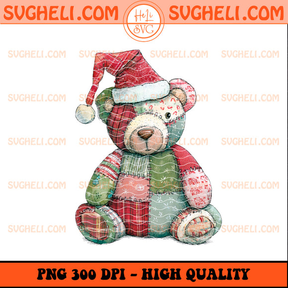 Patchwork Santa Bear Png in vintage Christmas design with vibrant colors and a hat, high quality 300 DPI