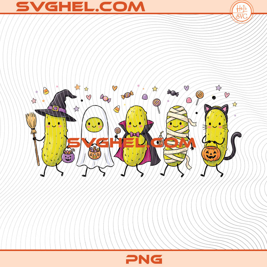 Pickle Halloween Doodle Png featuring pickle characters as a ghost, witch, skeleton, and black cat for spooky designs.