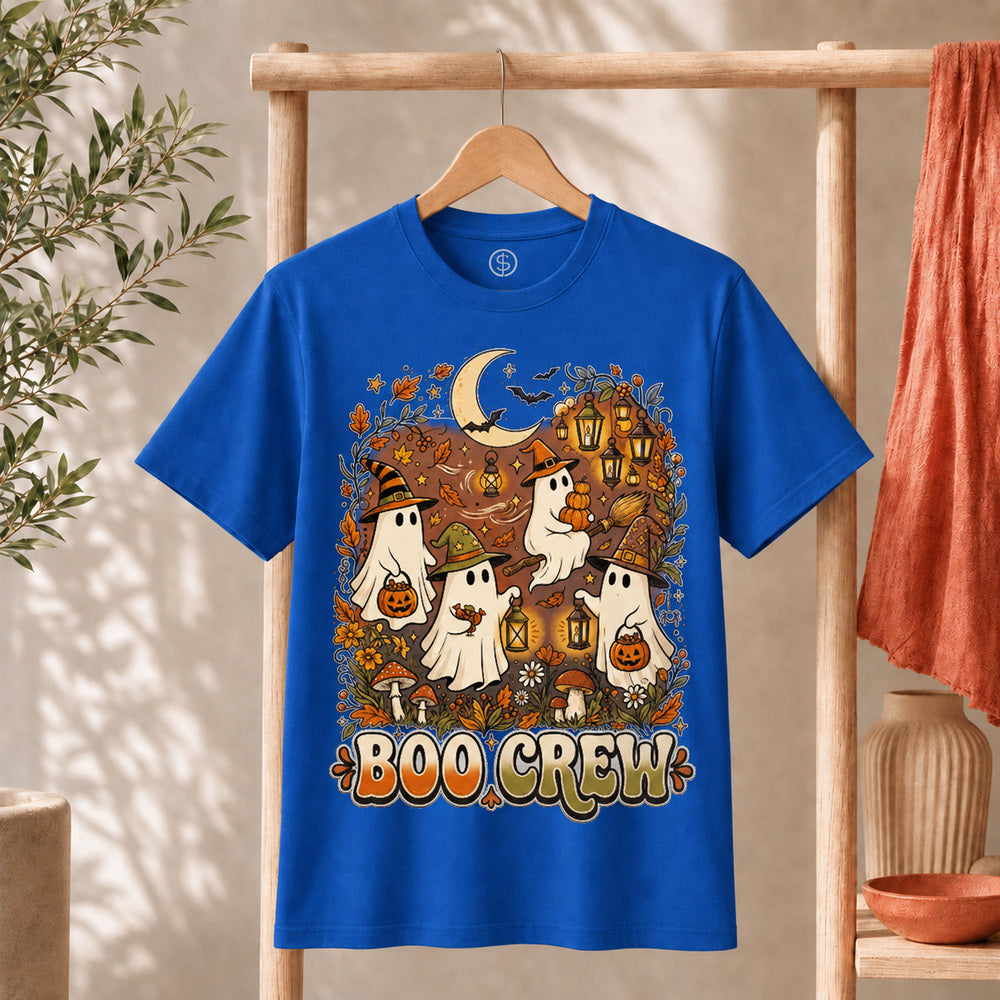 Retro Boo Crew Ghost Vintage Halloween T-Shirt featuring friendly ghosts, pumpkins, and autumn elements on a blue tee.