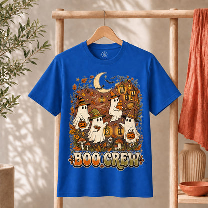 Retro Boo Crew Ghost Vintage Halloween T-Shirt featuring friendly ghosts, pumpkins, and autumn elements on a blue tee.