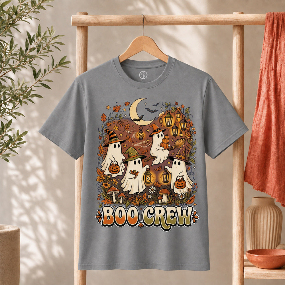 Retro Boo Crew Ghost Vintage Halloween T-Shirt featuring cute ghosts with pumpkins and lanterns on a cozy gray tee.