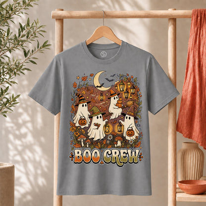 Retro Boo Crew Ghost Vintage Halloween T-Shirt featuring cute ghosts with pumpkins and lanterns on a cozy gray tee.