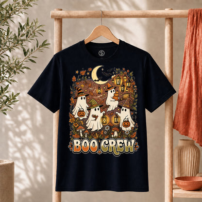 Retro Boo Crew Ghost Vintage Halloween T-Shirt featuring friendly ghosts surrounded by pumpkins and lanterns.