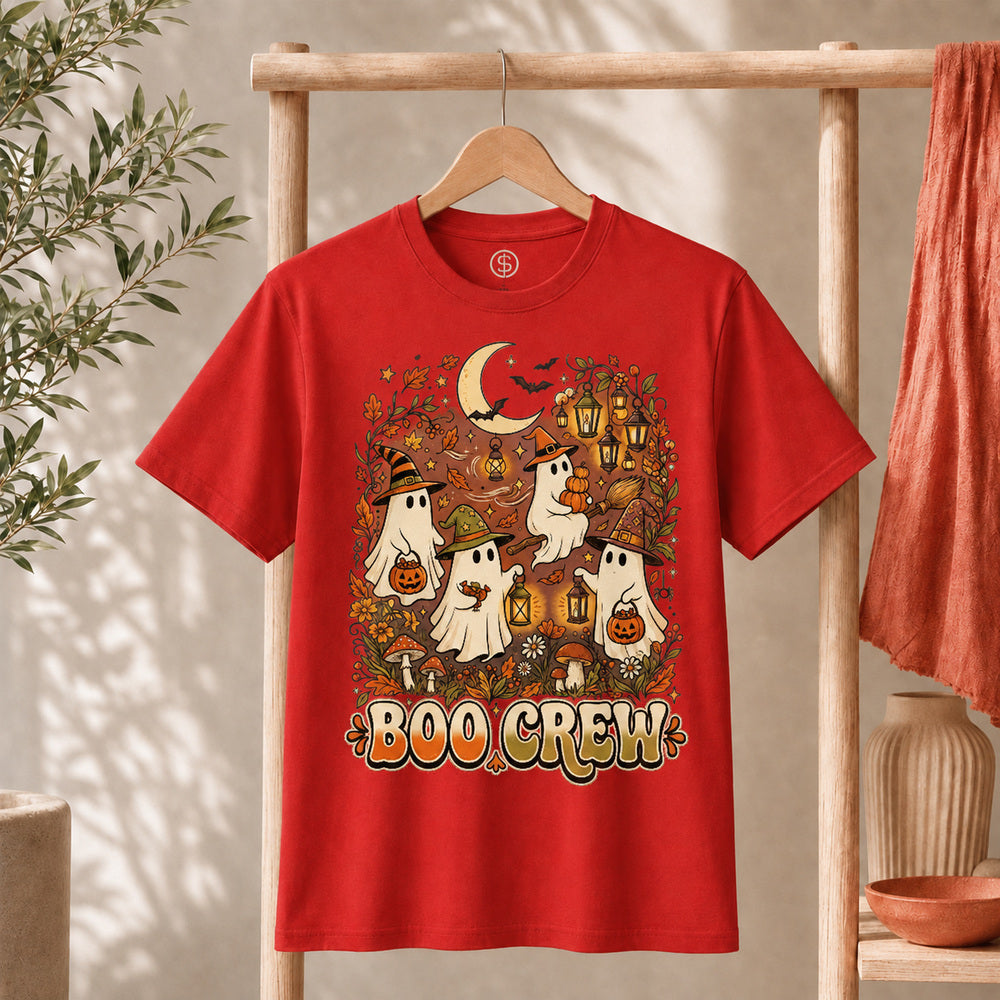Retro Boo Crew Ghost Vintage Halloween T-Shirt featuring friendly ghosts in witch hats and pumpkins on a red background.
