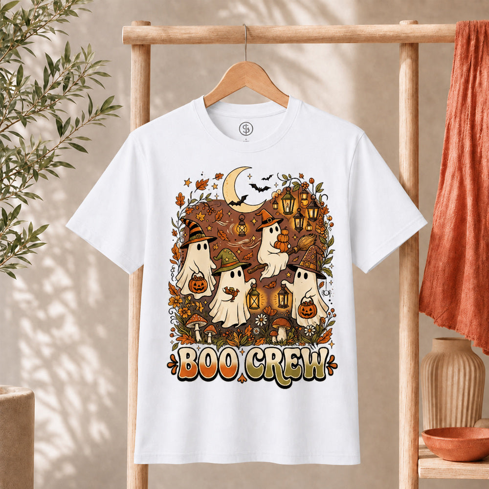 Retro Boo Crew Ghost Vintage Halloween T-Shirt featuring friendly ghosts, pumpkins, and autumn leaves.