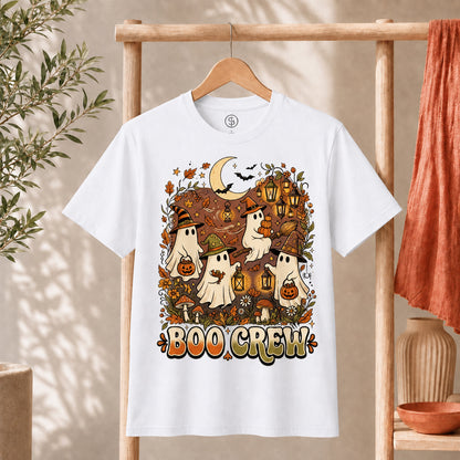 Retro Boo Crew Ghost Vintage Halloween T-Shirt featuring friendly ghosts, pumpkins, and autumn leaves.