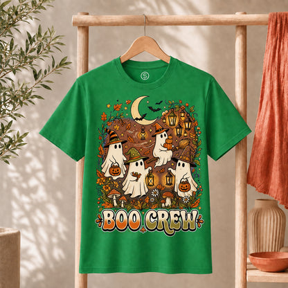 Retro Boo Crew Ghost Vintage Halloween T-Shirt featuring friendly ghosts, pumpkins, and autumn decorations.
