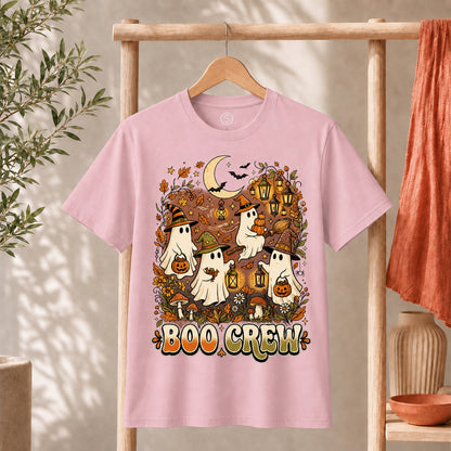 Retro Boo Crew Ghost Vintage Halloween T-Shirt featuring cute ghosts, pumpkins, and autumn elements on a pink shirt.
