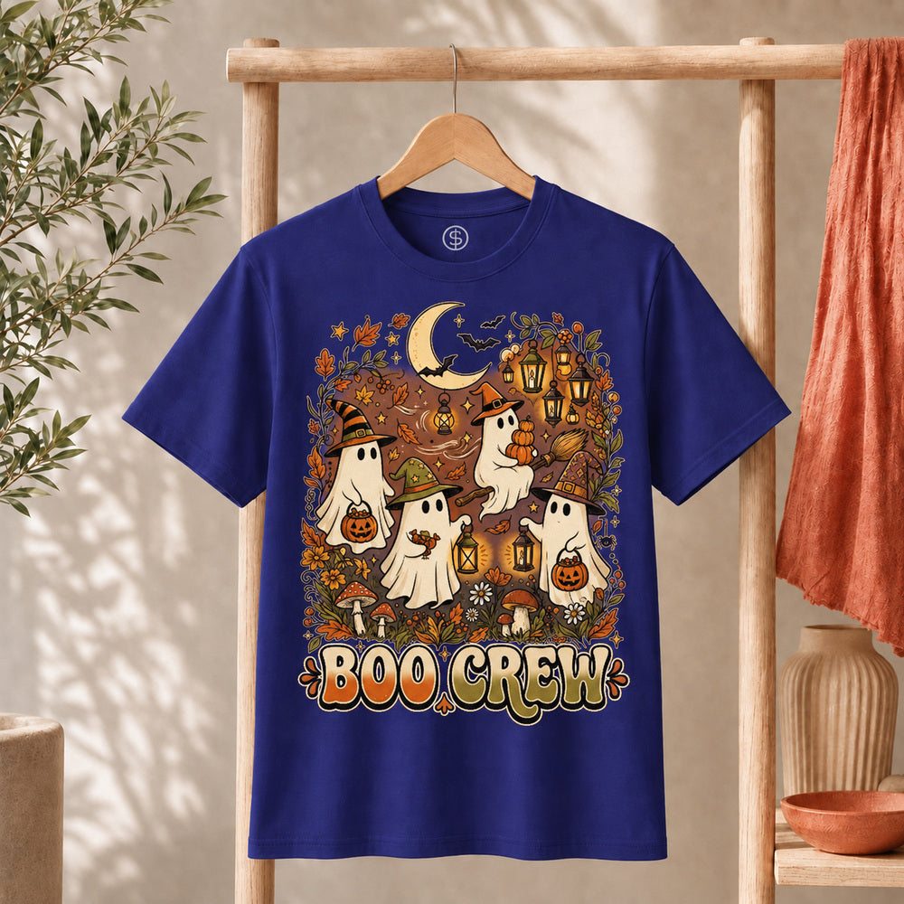 Retro Boo Crew Ghost Vintage Halloween T-Shirt featuring friendly ghosts, pumpkins, and autumn elements.
