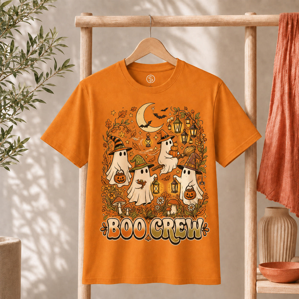 Retro Boo Crew Ghost Vintage Halloween T-Shirt featuring friendly ghosts in witch hats and autumn decorations.