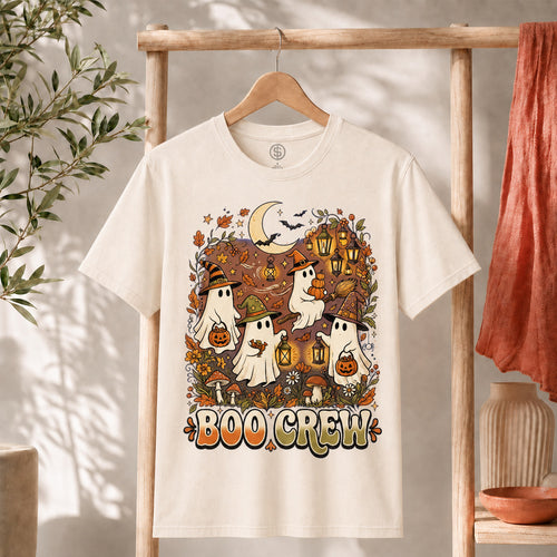 Retro Boo Crew Ghost Vintage Halloween T-Shirt featuring friendly ghosts, pumpkins, and autumn decorations.