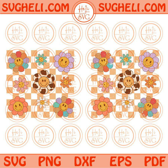 Retro Flowers Checkered Svg Groovy Boho Grunge Smile Face Daisy Svg Png Dxf Eps 2 styles Files