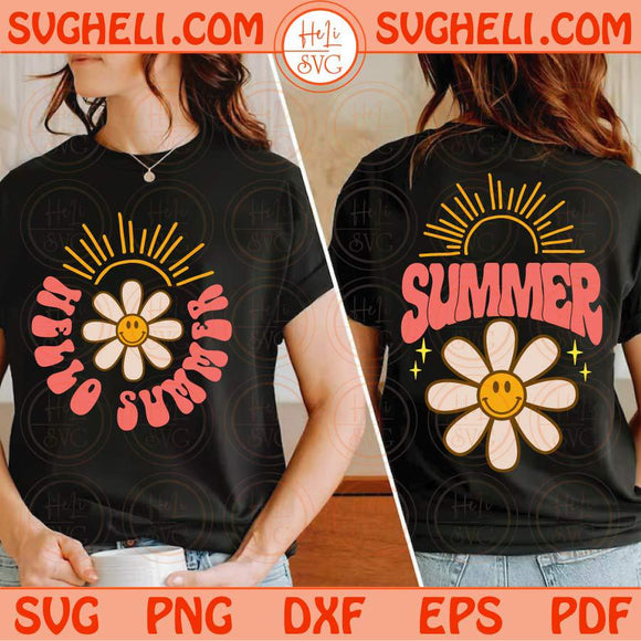 Retro Hello Summer Svg Groovy Smiley Daisy Svg Summer Flower Svg Png Dxf Eps 4 styles Files