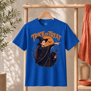Sophie Trick Or Treat Shirt featuring a witch pointing under an orange moon with bats, perfect for Halloween celebrations.