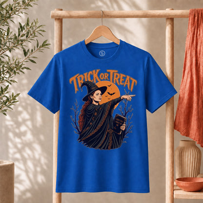 Sophie Trick Or Treat Shirt featuring a witch pointing under an orange moon with bats, perfect for Halloween celebrations.