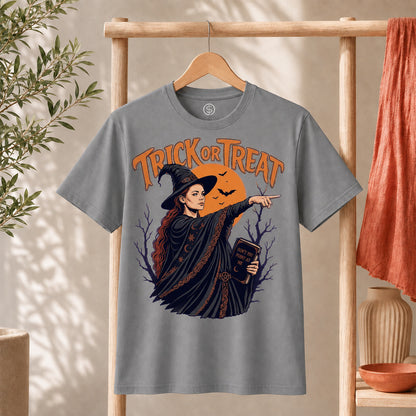 Sophie Trick Or Treat Shirt featuring a witch pointing under an orange moon with Trick or Treat lettering.
