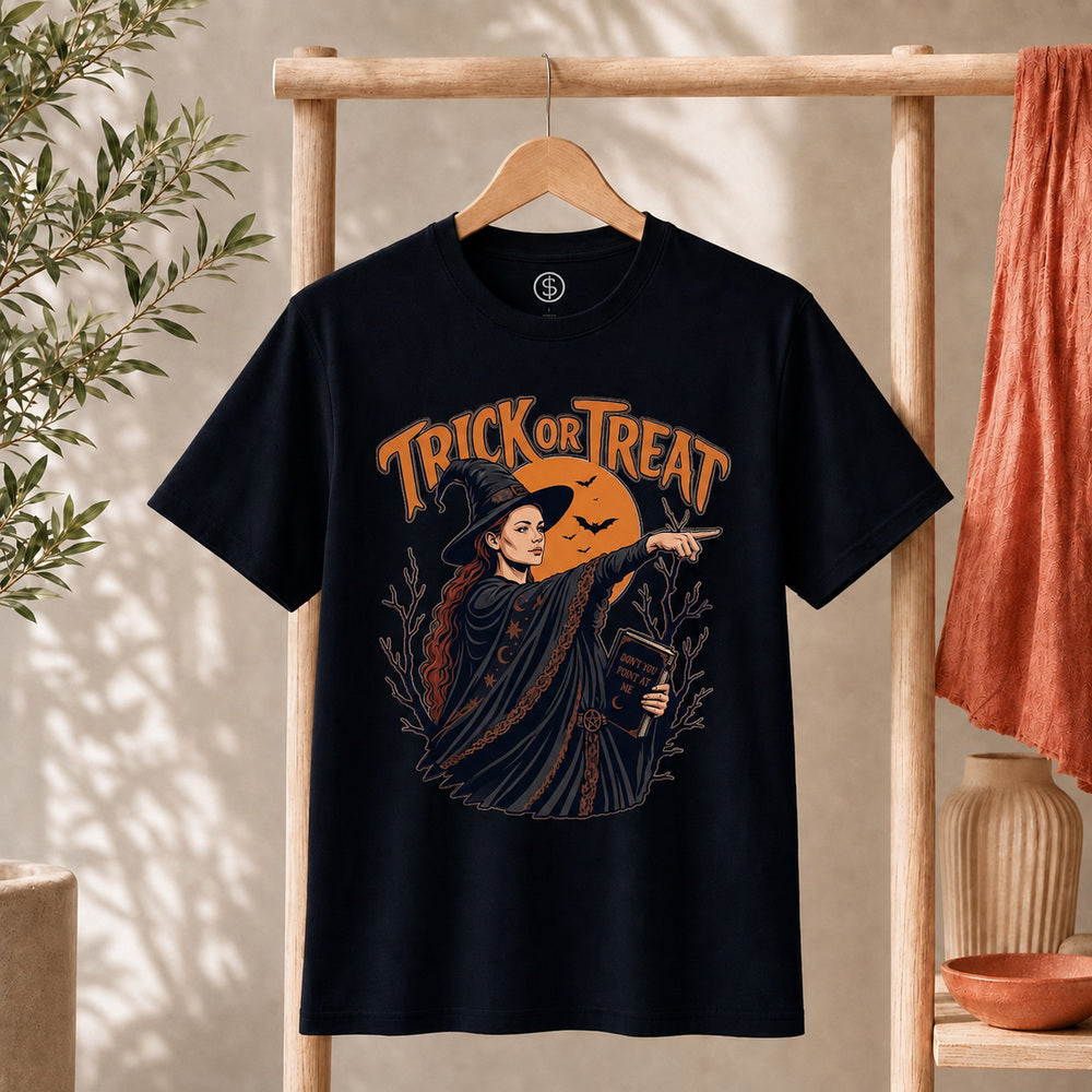 Sophie Trick Or Treat Shirt featuring a witch pointing with 'Trick or Treat' design beneath an orange moon.