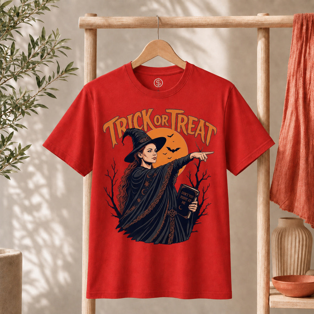 Sophie Trick Or Treat Shirt featuring a witch pointing under an orange moon with bats, perfect for Halloween celebrations.
