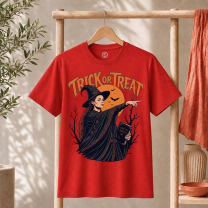 Sophie Trick Or Treat Shirt featuring a witch pointing under an orange moon with bats, perfect for Halloween celebrations.