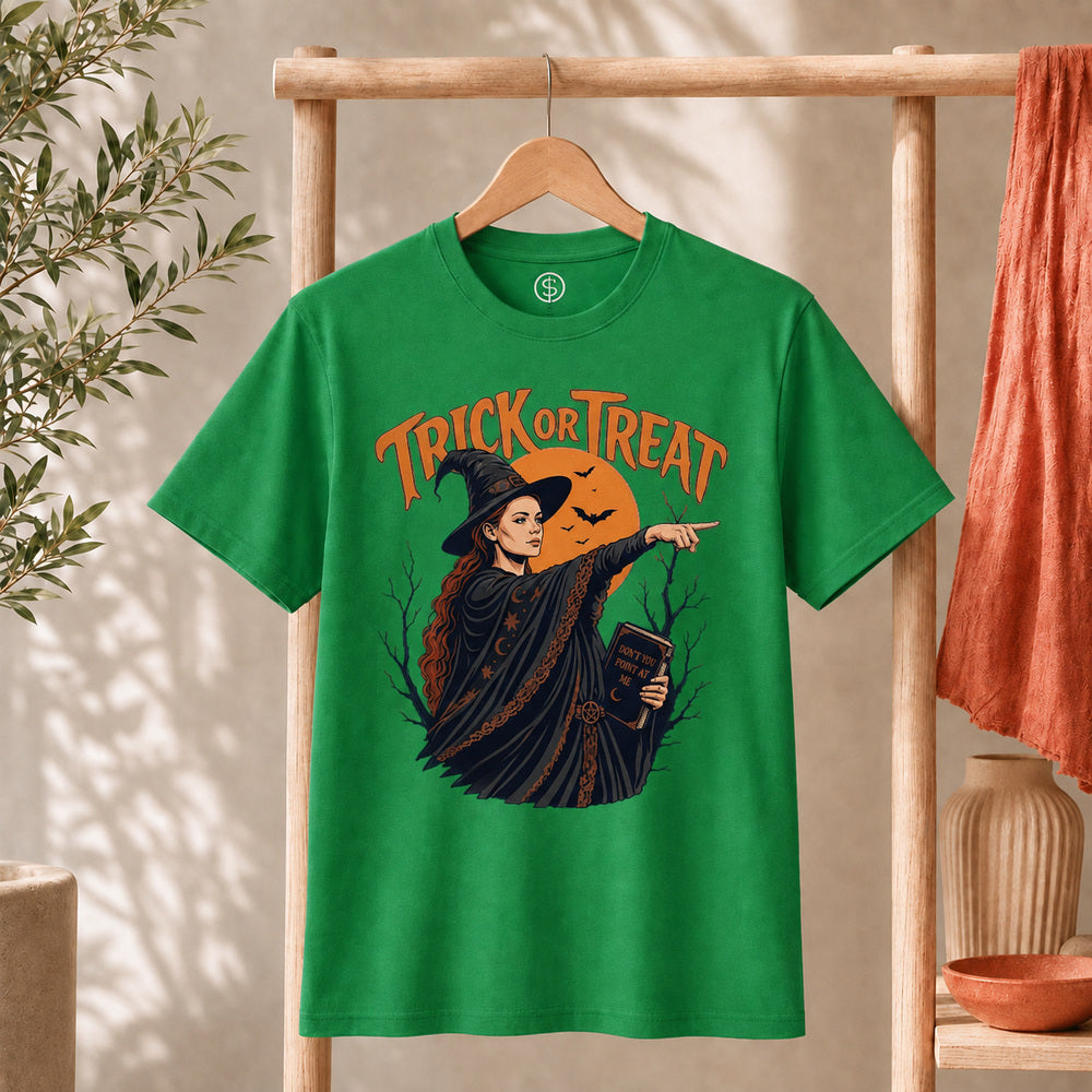 Sophie Trick Or Treat Shirt Don't Point At Me Witch Tee featuring a witch pointing under an orange moon.