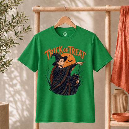 Sophie Trick Or Treat Shirt Don't Point At Me Witch Tee featuring a witch pointing under an orange moon.