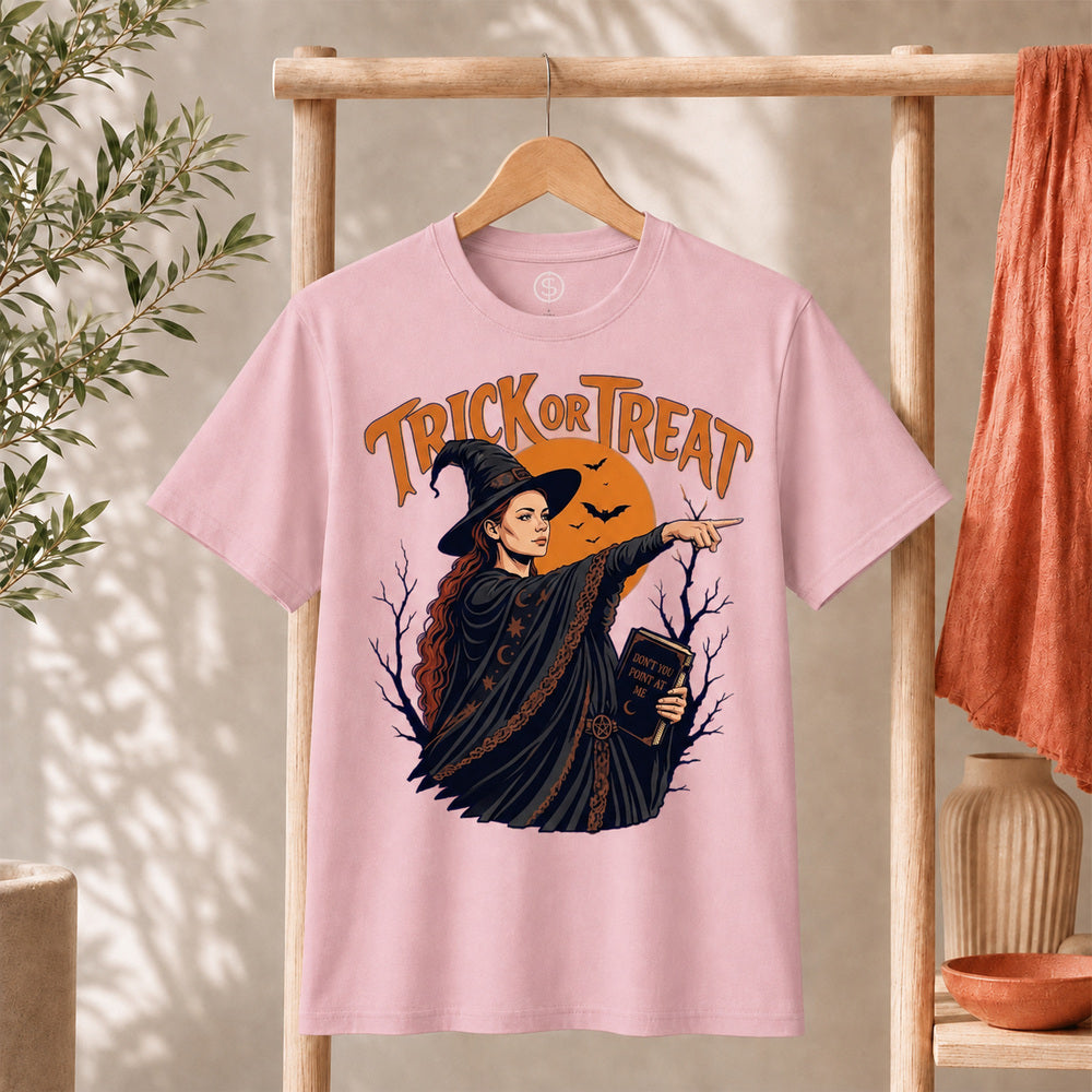 Sophie Trick Or Treat Shirt displayed on a hanger featuring a witch, orange moon, and bats for Halloween.