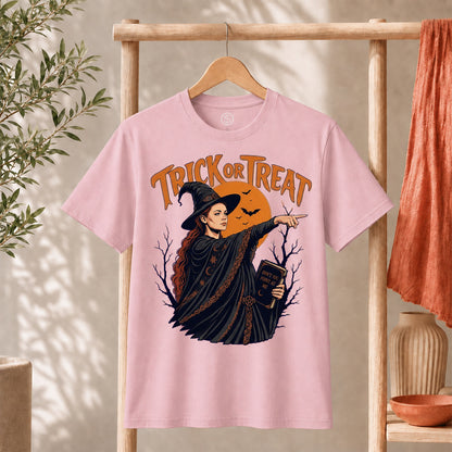 Sophie Trick Or Treat Shirt displayed on a hanger featuring a witch, orange moon, and bats for Halloween.