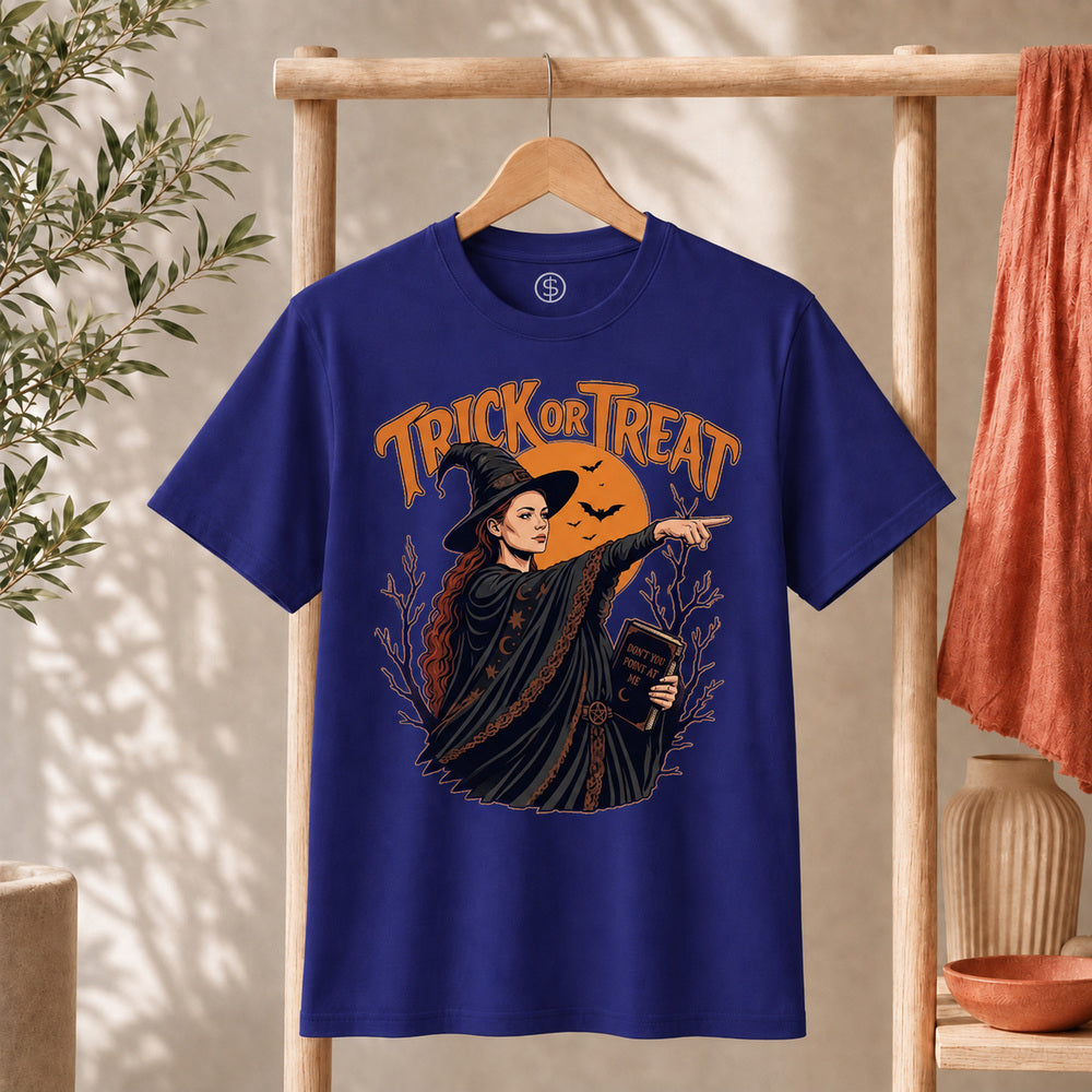 Sophie Trick Or Treat Shirt featuring a witch pointing at an orange moon with 'Trick or Treat' lettering.