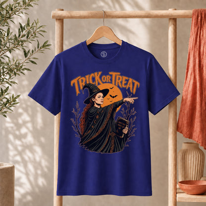 Sophie Trick Or Treat Shirt featuring a witch pointing at an orange moon with 'Trick or Treat' lettering.