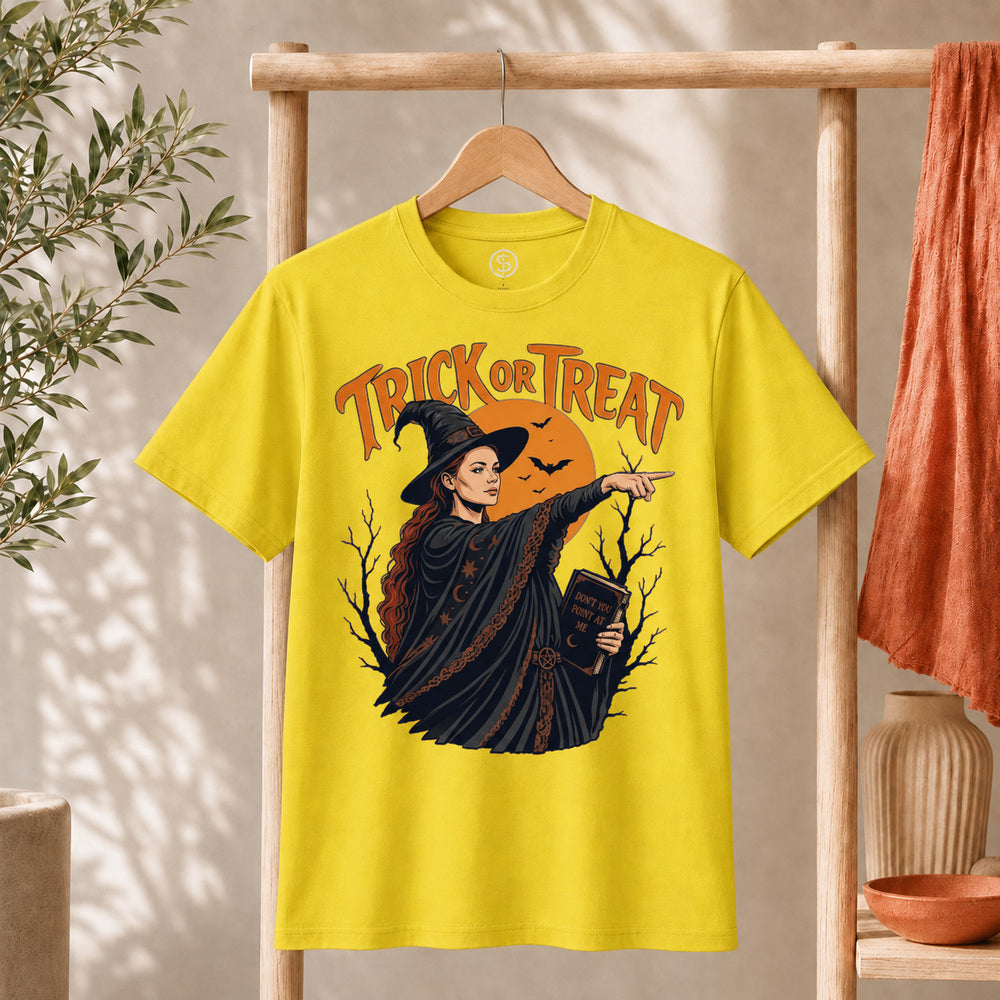 Sophie Trick Or Treat Shirt featuring a witch pointing under an orange moon with Trick or Treat lettering.