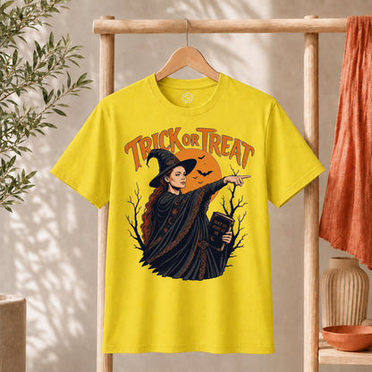 Sophie Trick Or Treat Shirt featuring a witch pointing under an orange moon with Trick or Treat lettering.