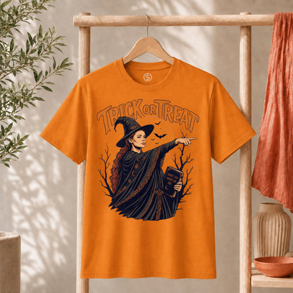 Sophie Trick Or Treat Shirt featuring a witch pointing at the moon with bats, perfect for Halloween celebrations.