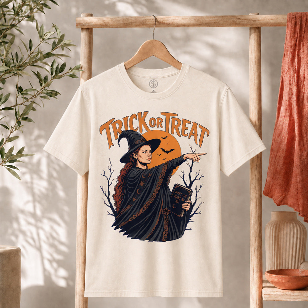 Sophie Trick Or Treat Shirt with witch graphic and 'Trick or Treat' lettering, perfect for Halloween celebrations.