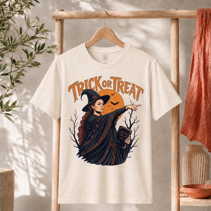 Sophie Trick Or Treat Shirt with witch graphic and 'Trick or Treat' lettering, perfect for Halloween celebrations.