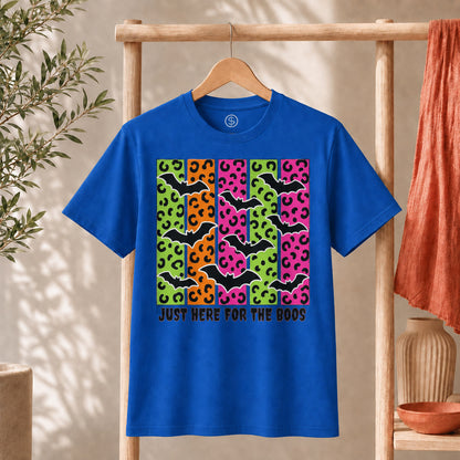Spooky Bats Graphic Tee featuring colorful bats design and the phrase 'Just Here for the Boos'