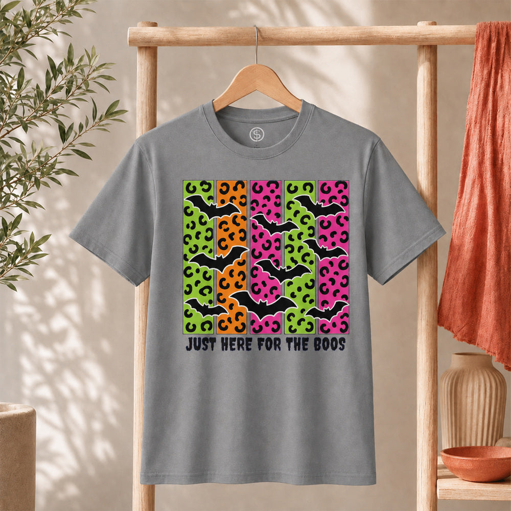 Spooky Bats Graphic Tee featuring colorful bats and the phrase 'Just Here for the Boos' for Halloween style.