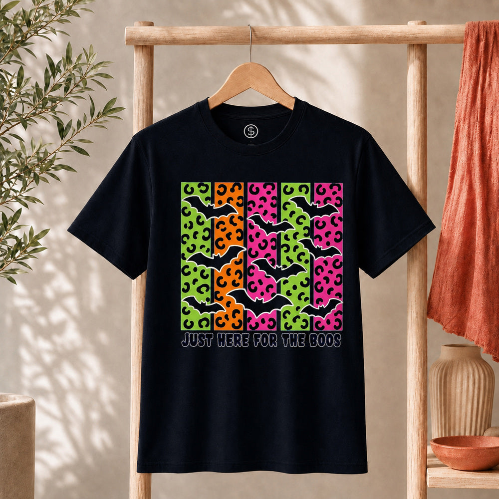 Spooky Bats Graphic Tee featuring colorful bats and the phrase 'Just Here for the Boos' on a black t-shirt.