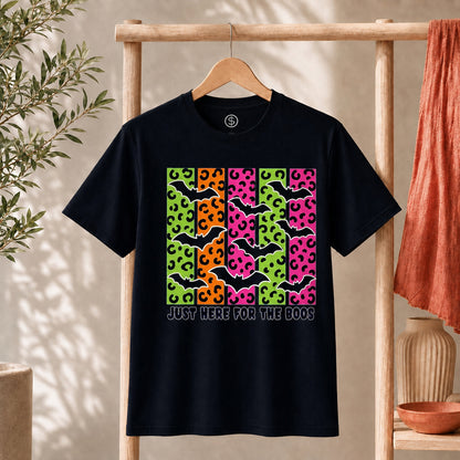 Spooky Bats Graphic Tee featuring colorful bats and the phrase 'Just Here for the Boos' on a black t-shirt.