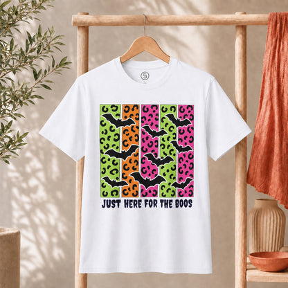 Spooky Bats Graphic Tee featuring colorful bats with the phrase Just Here for the Boos on a white t-shirt.