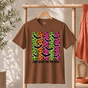Spooky Bats Graphic Tee featuring colorful bats and the phrase 'Just Here for the Boos' for Halloween.