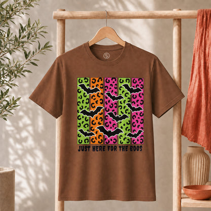 Spooky Bats Graphic Tee featuring colorful bats and the phrase 'Just Here for the Boos' for Halloween.